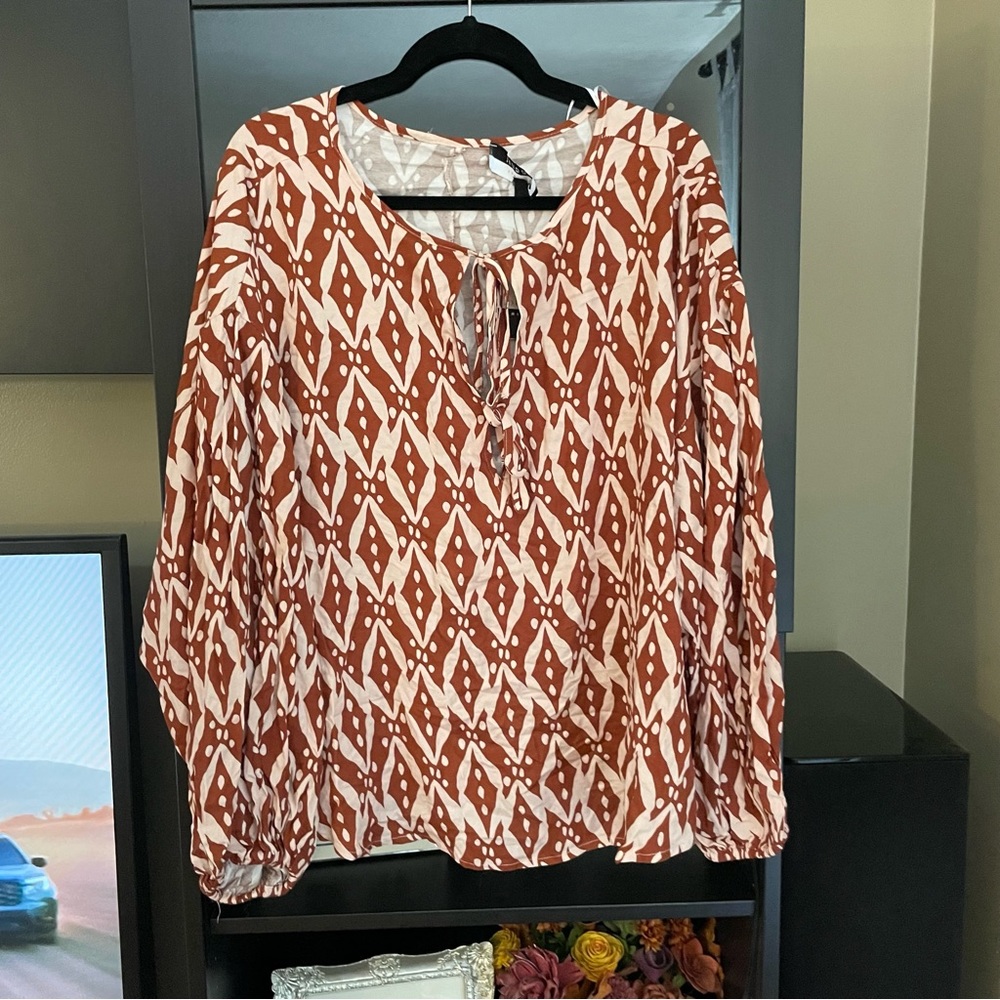 NWT ELOQUII Elements Brown Top Balloon Sleeve Blouse With Ties 20